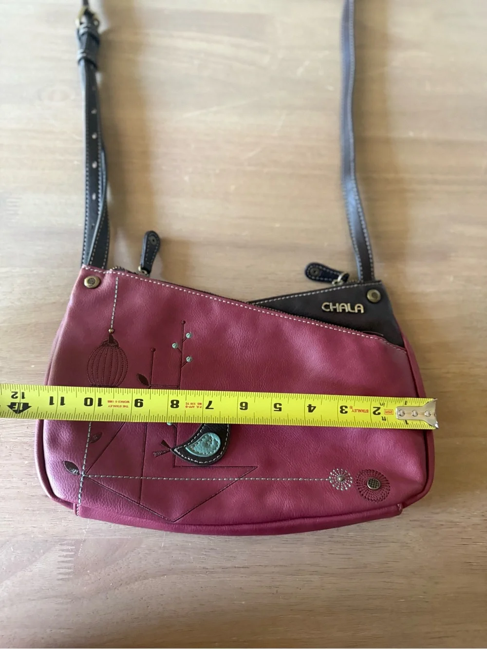 Chala Berry Pink Bird Cross Crossbody Tote Bag Purse Faux Leather